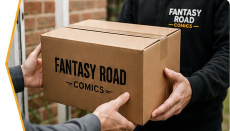 A Fantasy Road comic collection box being handed over